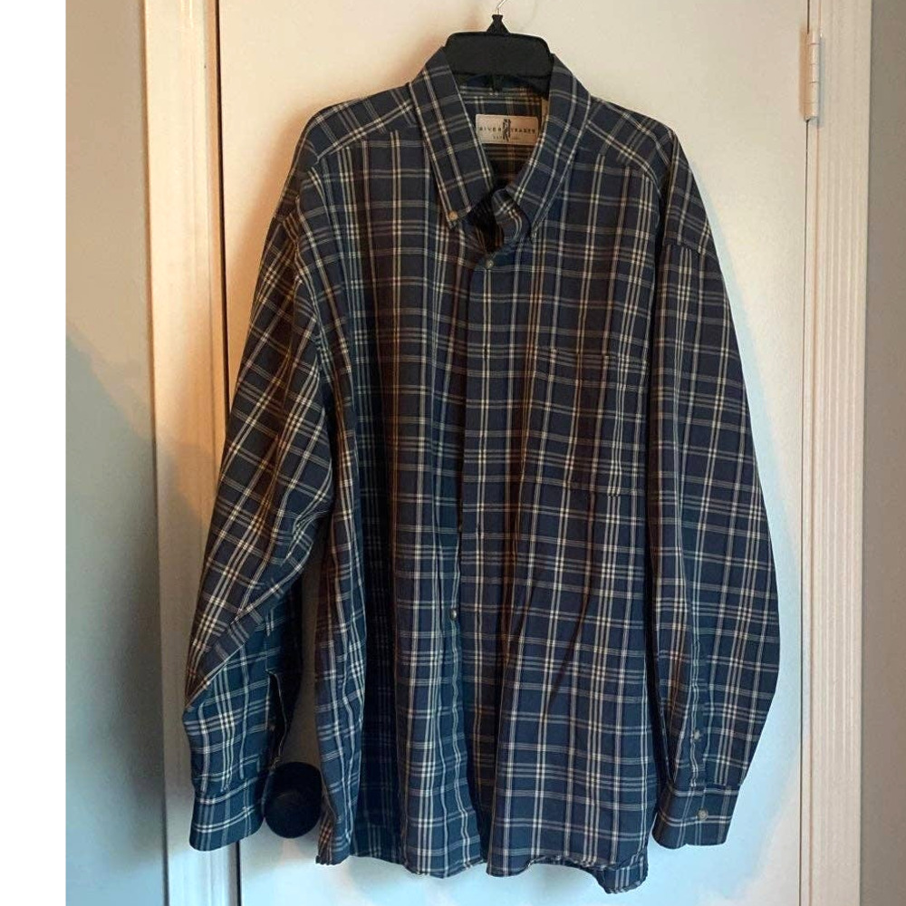 River Trader Men's Button Down Shirt Long Sleeve Blue Green Plaid XL